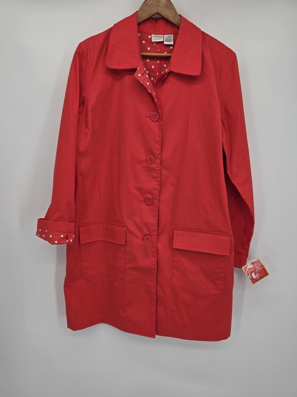 Isaac Mizrahi Red Trench Coat with Polka-Dot Lining Womens Large New